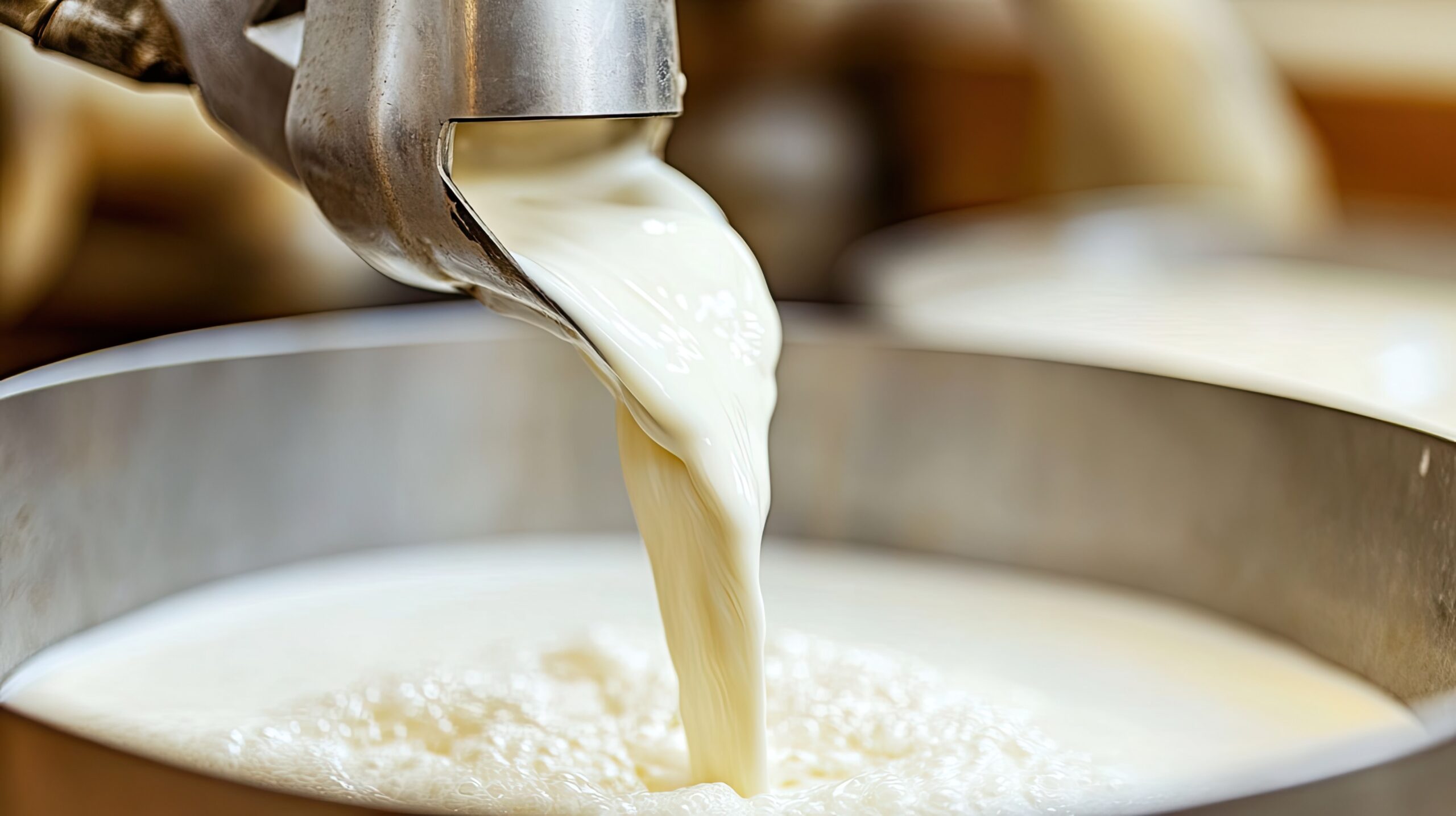 Close-up of a cow's udder being milked using a machine, with milk flowing into a stainless container in a dairy barn. --chaos