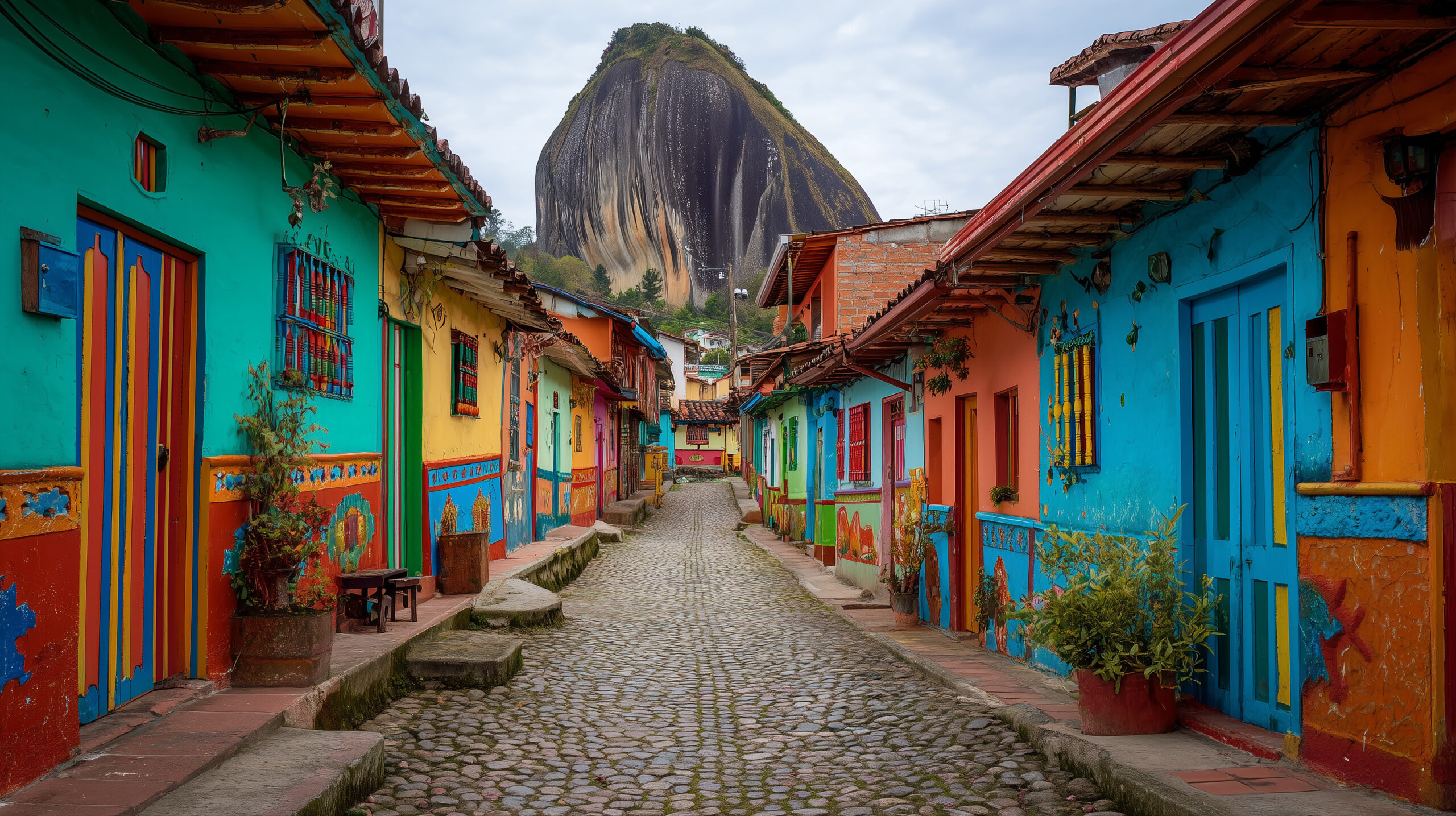 Guatapé colorful houses and stone monolith