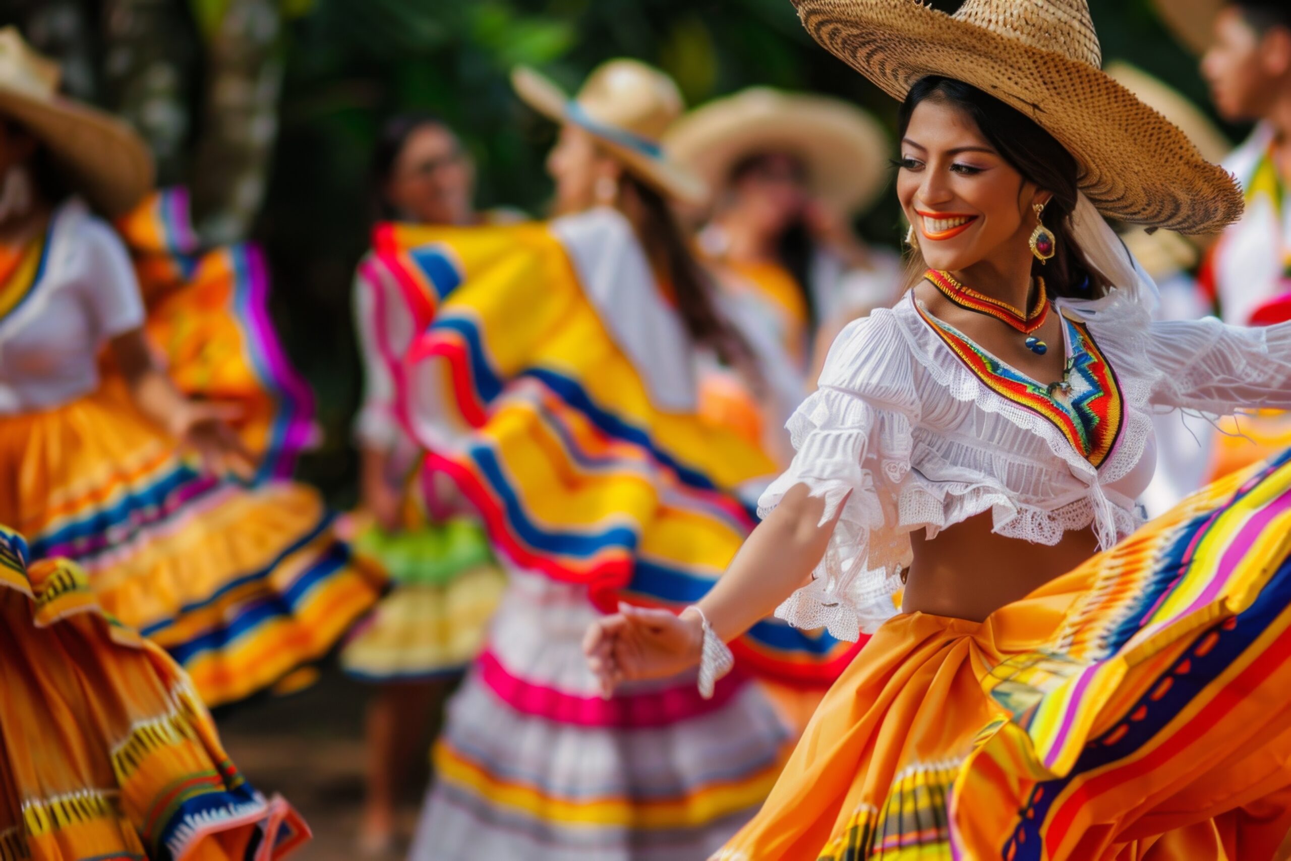Brightly colored skirts and hats are worn by a woman in a mexican dress